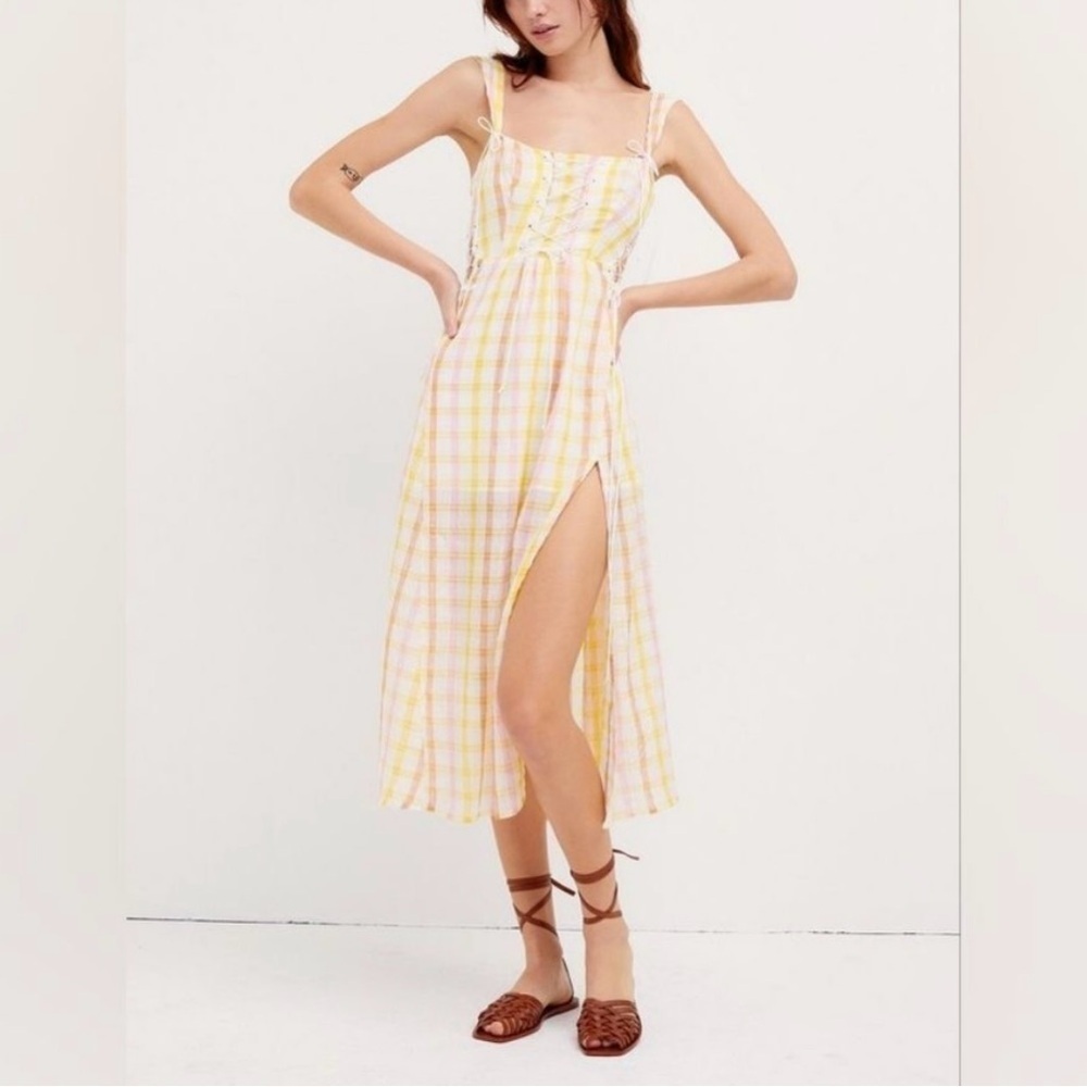 NEW For Love & Lemons Check Plaid Corset Midi Dress size M Yellow Pink
